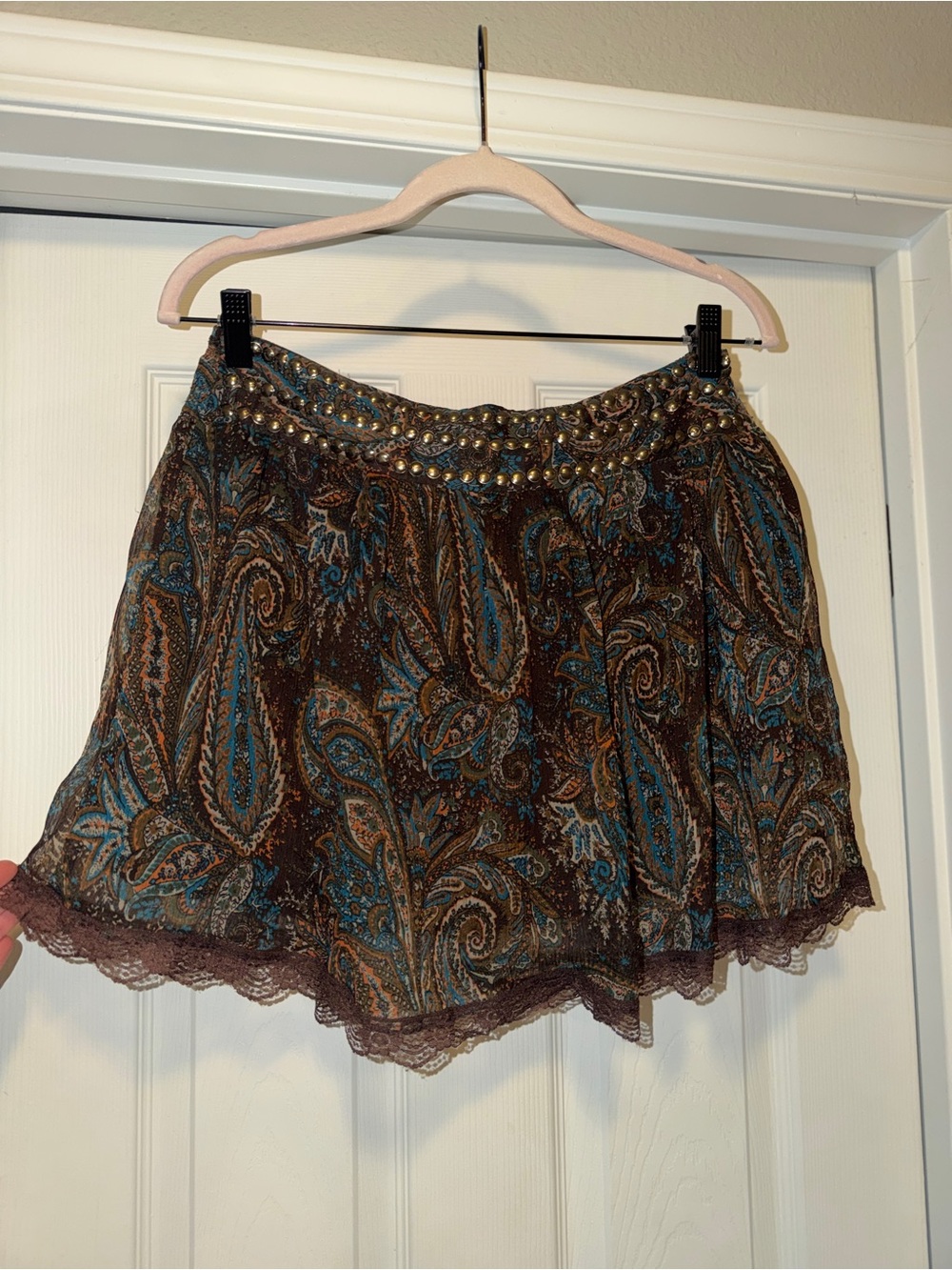 Rue21 Brown and Teal Paisley Mini Skirt with Studded Waist